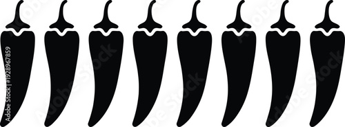 Eight black chili peppers in a row on a white background, simple graphic design element for culinary or spice themed projects