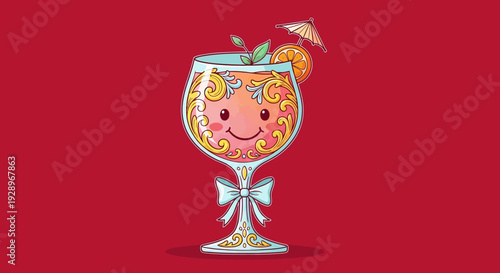 A vector eps illustration of a smiling cocktail glass with orange drink and umbrella on red background