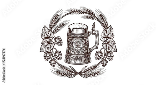 Beer stein vintage engraving with hops and wheat wreath, Oktoberfest emblem in monochrome line art on white background featuring tankard, bavarian, german with brewery and brewing elements for lager,