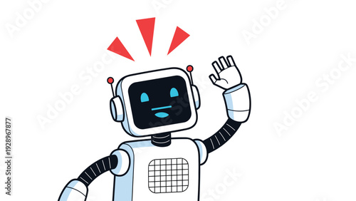 Friendly robot character waving its hand with red exclamation lines above its head signifying a greeting or alert message.