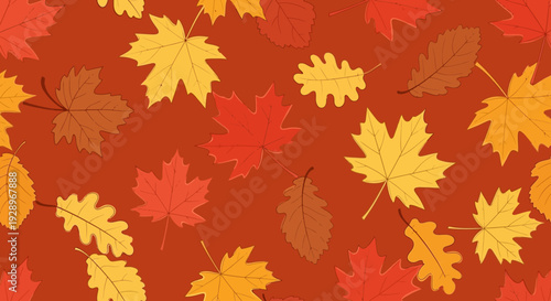 Autumn leaves in vector eps format fall against a warm orange background.