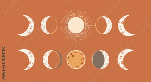 Vector eps illustration of lunar cycle phases with sun on orange background