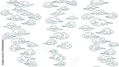 Traditional oriental cloud pattern with dark grey stylized clouds floating on a clean white background for Asian themed designs.