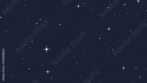 Beautiful starry night sky background with shining white stars of various sizes scattered across a dark blue cosmic backdrop.