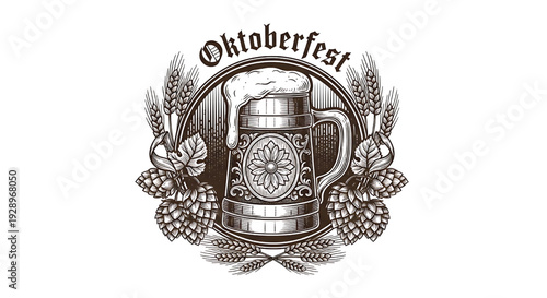 Oktoberfest beer stein emblem with hops and barley wreath in vintage engraved style, German festival badge illustration featuring tankard, bavarian, celebration with brewery and brewing elements for