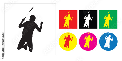 Set of silhouettes showing professional badminton players in various action poses.