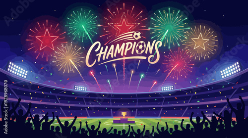 Football Soccer Championship Victory Celebration in Stadium with Fireworks and Cheering Crowd