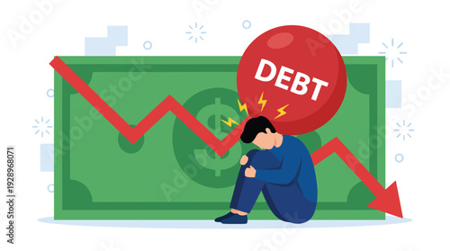 Man in Debt with Declining Financial Graph Illustration – Economic Crisis, Bankruptcy, Financial Loss, Stress Concept