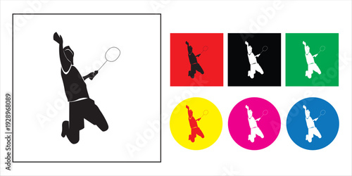 Set of silhouettes showing professional badminton players in various action poses.