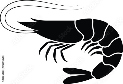 Simple black and white illustration of a prawn or shrimp with distinctive tail and segmented body on a plain white background