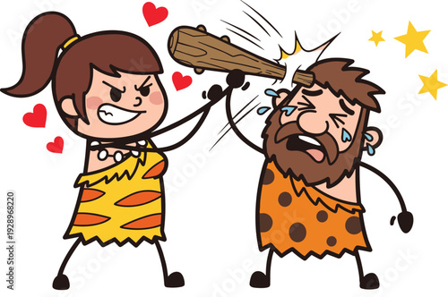 Funny caveman cartoon scene with woman hitting man with club, prehistoric humor illustration for comic design, storytelling, animation, and playful vintage character concept