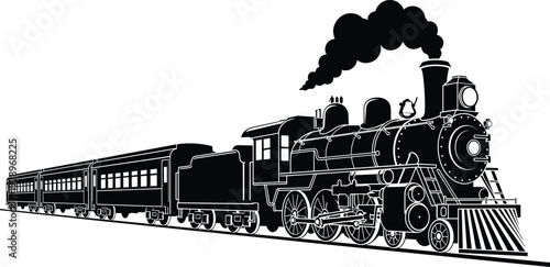 Vintage Steam Train Locomotive, Classic Railway Engine Black Silhouette Transport Illustration for Industrial History Travel and Transportation Concept
