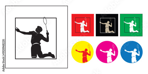Set of silhouettes showing professional badminton players in various action poses.
