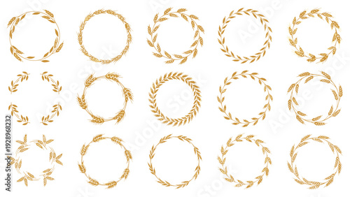 Comprehensive set of golden wheat wreaths and circular borders representing abundance and harvest for organic product branding.