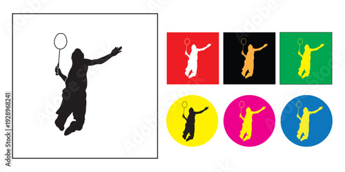 Set of silhouettes showing professional badminton players in various action poses.