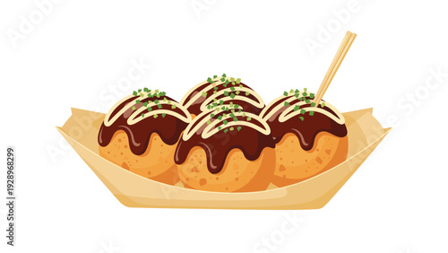 Traditional Japanese takoyaki octopus balls served in a paper boat container with toothpicks and green seaweed flakes on top.