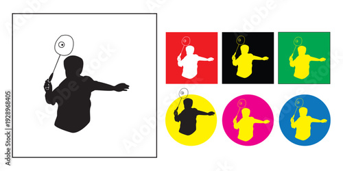 Set of silhouettes showing professional badminton players in various action poses.