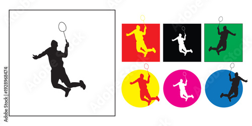 Set of silhouettes showing professional badminton players in various action poses.