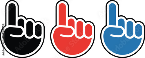 Collection of colorful foam finger icons in black red and blue on a clean white background for sports and events
