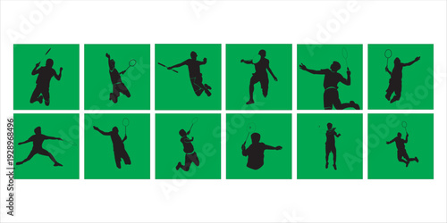 Set of silhouettes showing professional badminton players in various action poses.