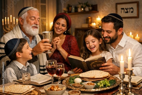 Jewish family gathers around a table for Passover Seder, enjoying traditional foods and wine, with candles illuminating the festive setting