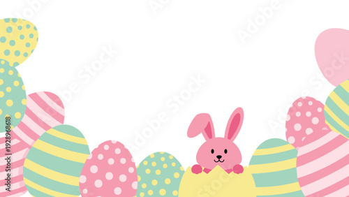 Charming Easter background with colorful patterned eggs and a cute pink bunny peeking out from a yellow eggshell on white.