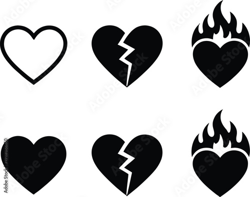 Collection of six heart icons in various styles and designs showcasing different emotions and symbolism on a clean white background for graphic design use.