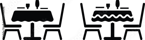 Dining table and chair illustration icon set featuring tablecloth and wine glasses in simple minimalist design for restaurant and hospitality industry use.
