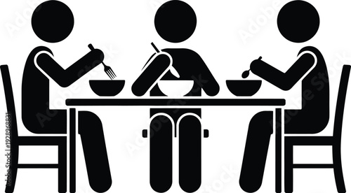 Family sharing a meal together at a dining table with food and utensils