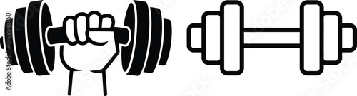 Simple black and white illustration of a hand gripping a dumbbell with a second dumbbell beside it on a clean white background