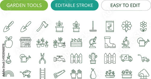 Professional gardening and horticulture line icon set featuring shovels, potted plants, garden shears, watering cans, wheelbarrows, lawn mowers, fences, and outdoor maintenance tools.