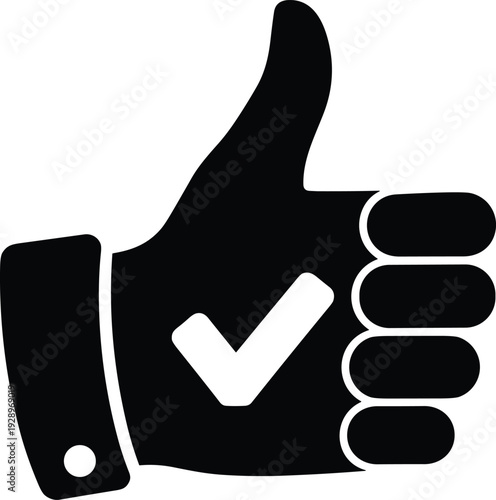 Thumbs up with check mark vector icon, approval hand gesture silhouette symbol, positive confirmation sign isolated background