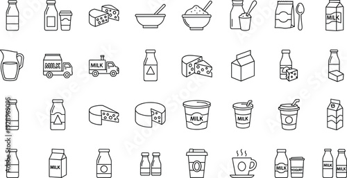 Set of dairy and milk production line icons featuring milk bottles, cheese wedges, yogurt cups, delivery trucks, cereal bowls, and fresh farm products.