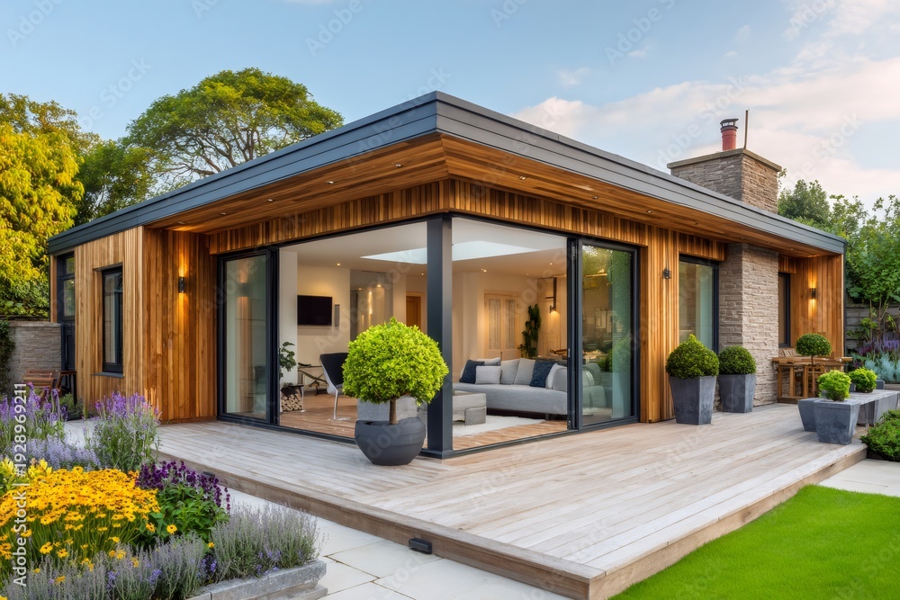 Fototapeta premium Modern garden room addition with timber cladding and patio
