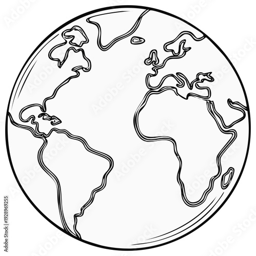 Hand-drawn illustration of planet Earth, showing continents and oceans, monochrome