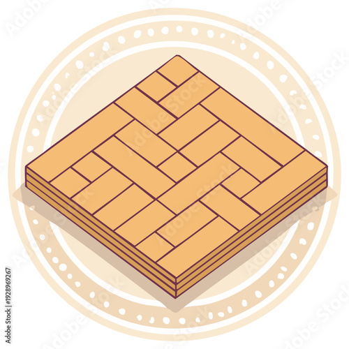 Isometric view of wood parquet flooring illustration in circle with decorative elements