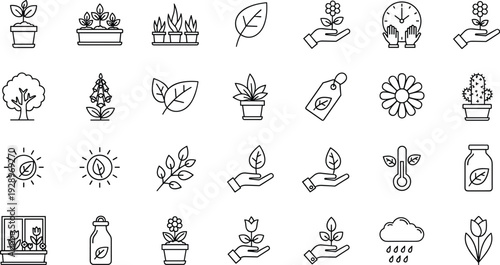 Set of gardening and ecology line icons featuring potted plants, leaves, trees, flowers, hands holding sprouts, environmental growth, sustainability, and nature care symbols.