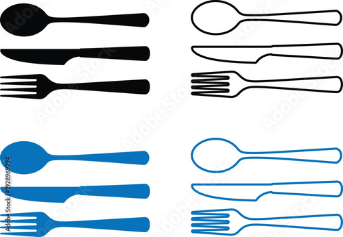 Set of plastic cutlery including spoons, knives, and forks, displayed in black and blue with various fill styles on a clean white background for dining and eating purposes every day.