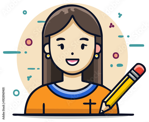Smiling woman holding a pencil creative writer or artist character. Flat design illustration icon for education or blogging.