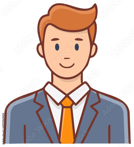 Smiling cartoon businessman in a suit and tie representing corporate professionalism and friendly support