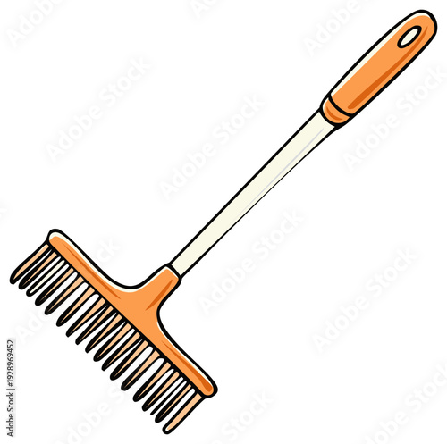 Isolated garden rake illustration with orange handle and teeth designed for collecting leaves and cultivating soil maintenance tool