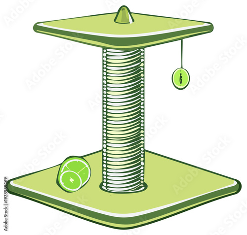 Vector illustration of a modern green cat scratching post with citrus toys and a sisal rope column