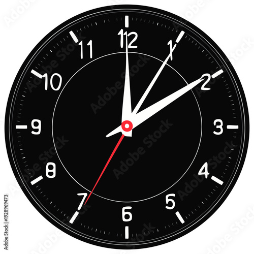 Black Round Clock Face: White Hands Showing Time, Classic Timepiece, Hour, Minute, Second, Time Concept