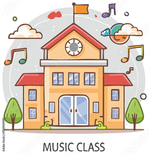 Joyful School Building with Music Notes and Clouds Illustration