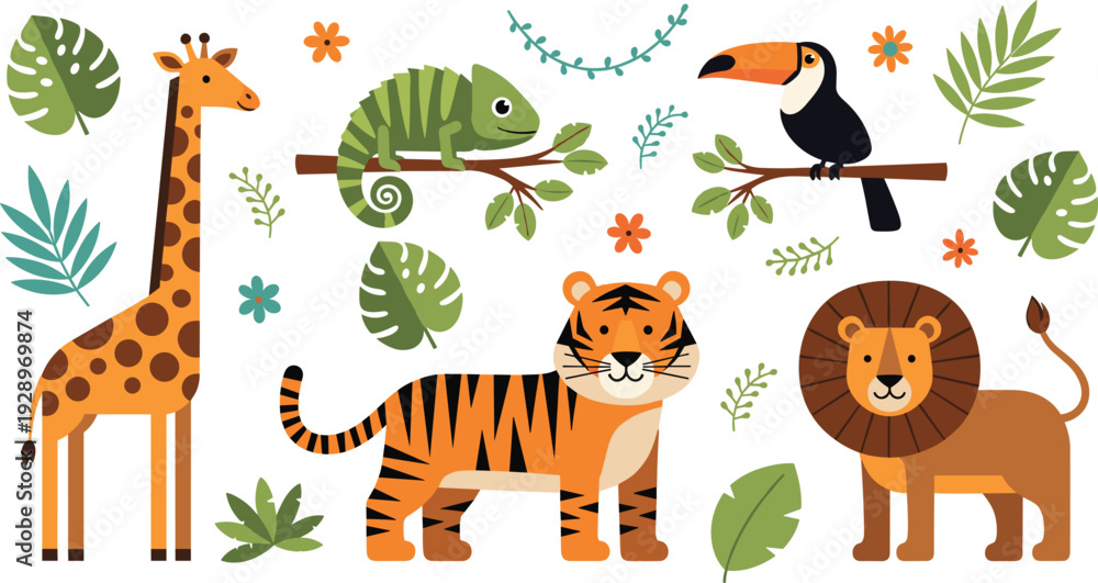 Fototapeta premium PrintCute set of jungle and safari animal vector illustrations featuring a giraffe, tiger, lion, toucan, and chameleon with tropical monstera leaves for kids education and nursery design.