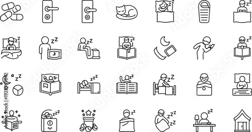 Sleep and wellness line icon set featuring insomnia symptoms, sleeping people, cozy cats, dreaming, alarm clocks, pills, bedroom accessories, and relaxation symbols for healthcare.