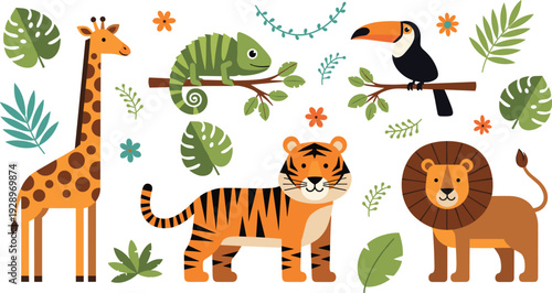 PrintCute set of jungle and safari animal vector illustrations featuring a giraffe, tiger, lion, toucan, and chameleon with tropical monstera leaves for kids education and nursery design.