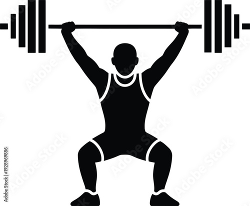 Strong athlete lifting heavy barbell overhead in a squat position showing strength and power in a simple graphic illustration.