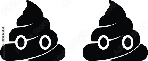 Poop emoji vector illustration, black funny pile with glasses silhouette icon, humorous cartoon symbol isolated on white background