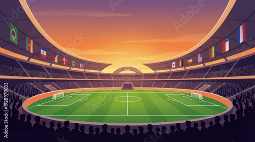 Modern Soccer Stadium Vector Illustration with International Flags and Crowd during Golden Sunset